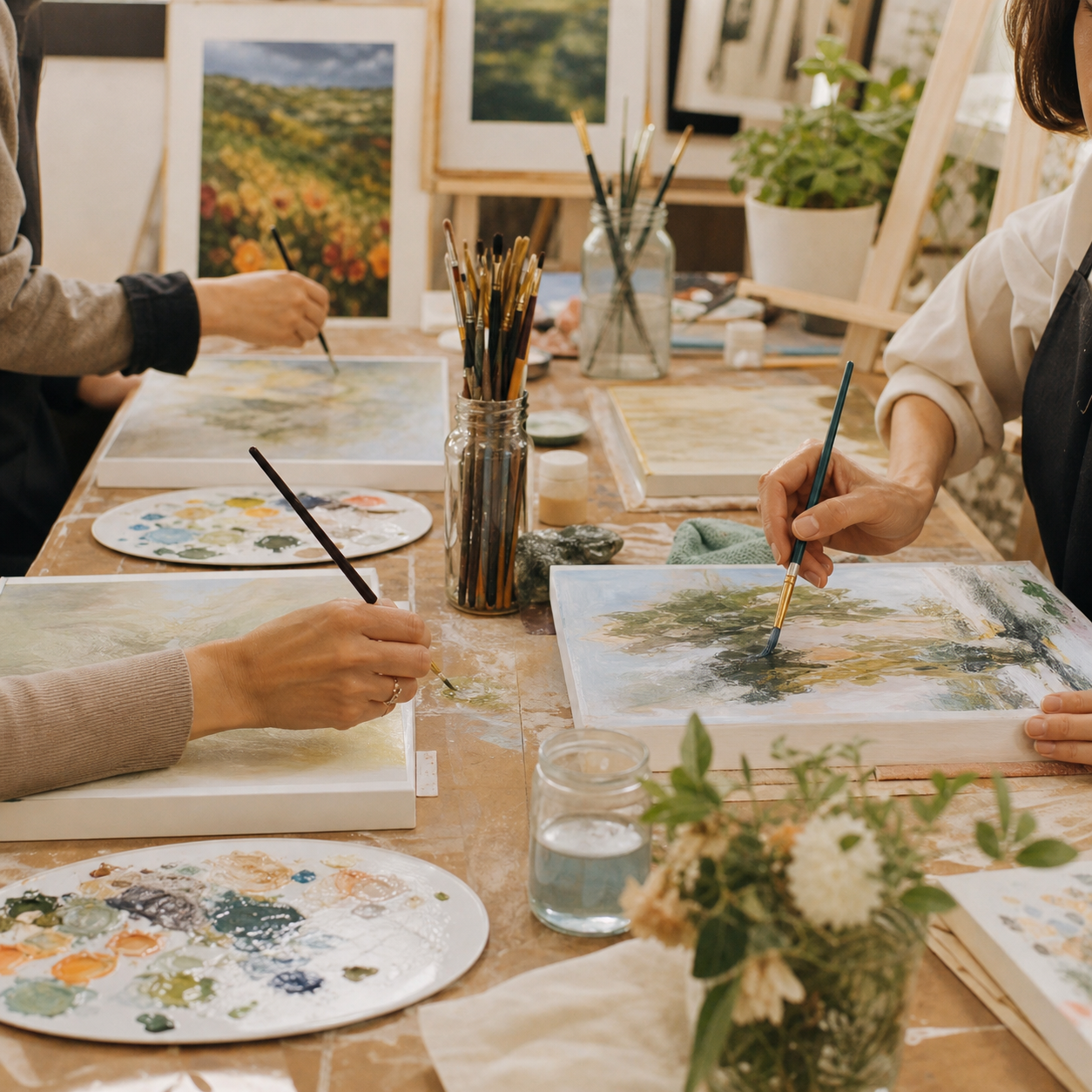 People painting canvases during a Lbee Arts workshop