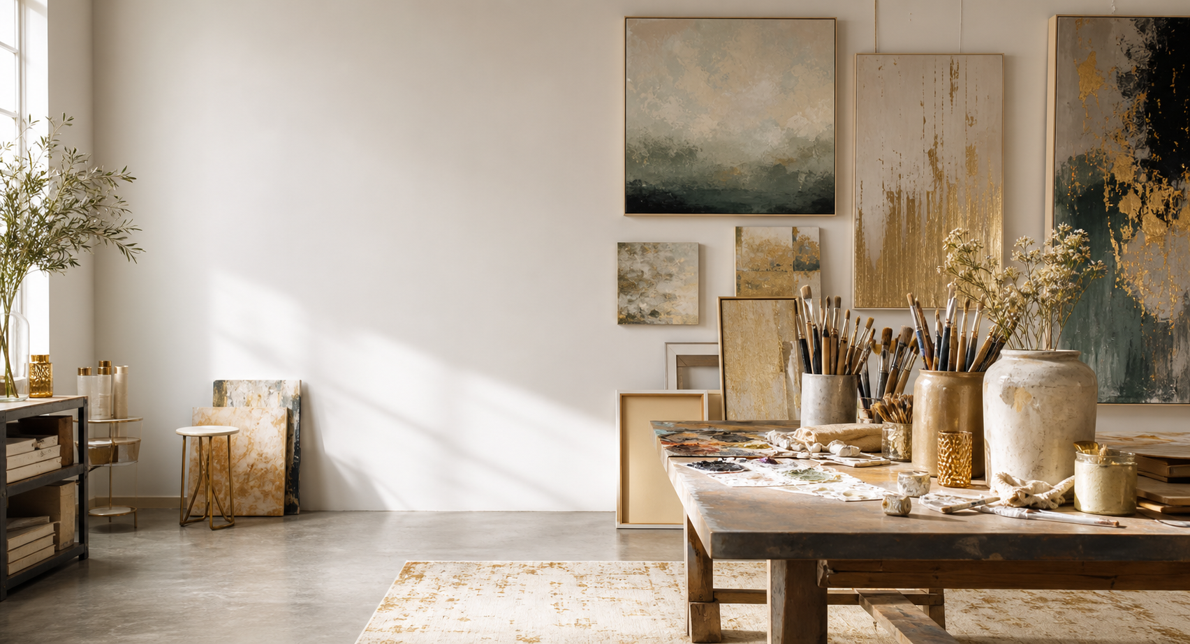Bright Lbee Arts studio with framed paintings and artist tools