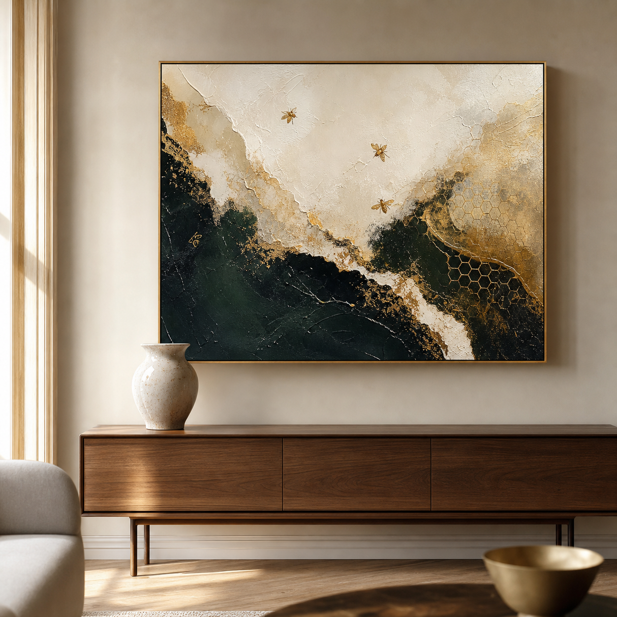 Large abstract artwork installed above a console table