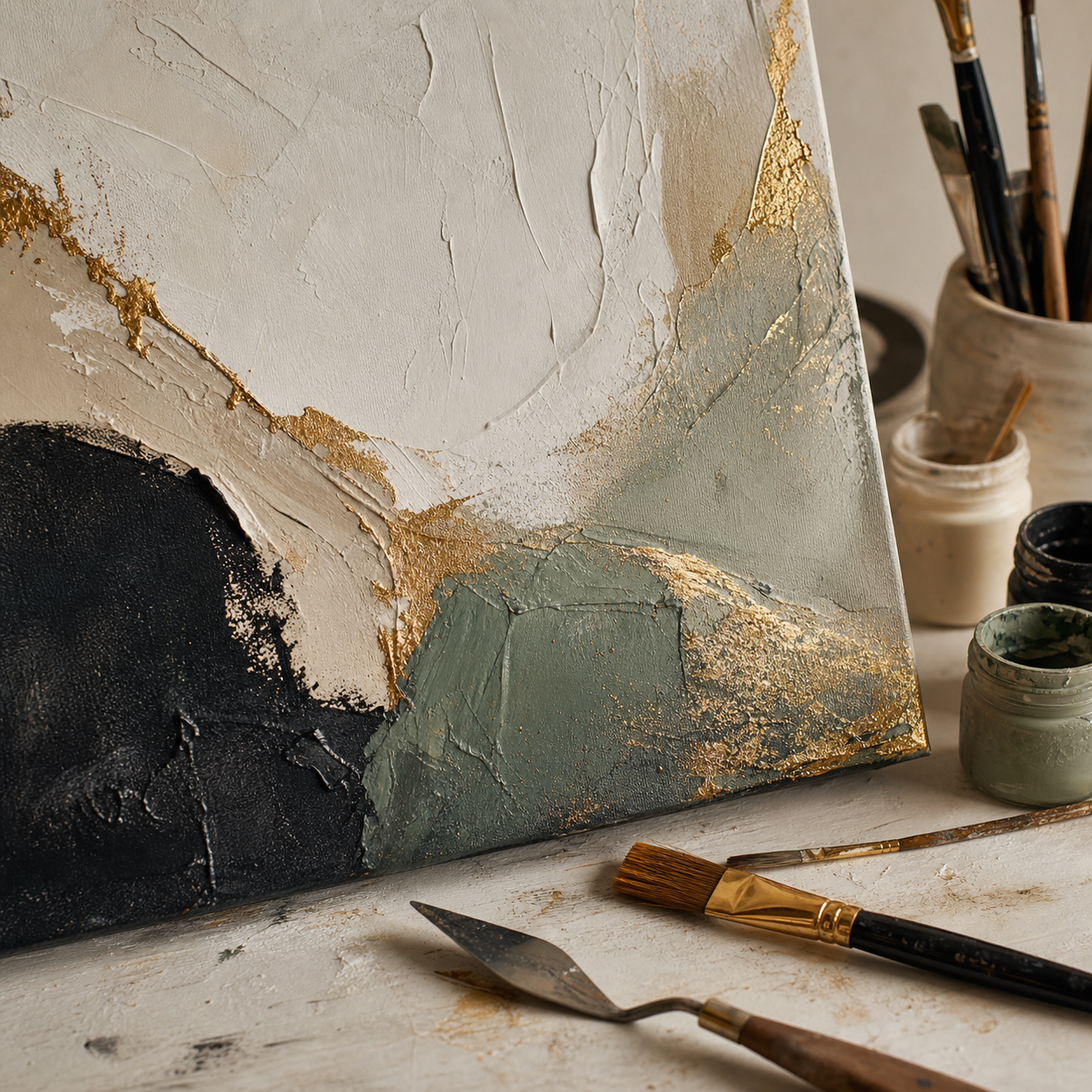 Close detail of a textured abstract canvas with gold accents